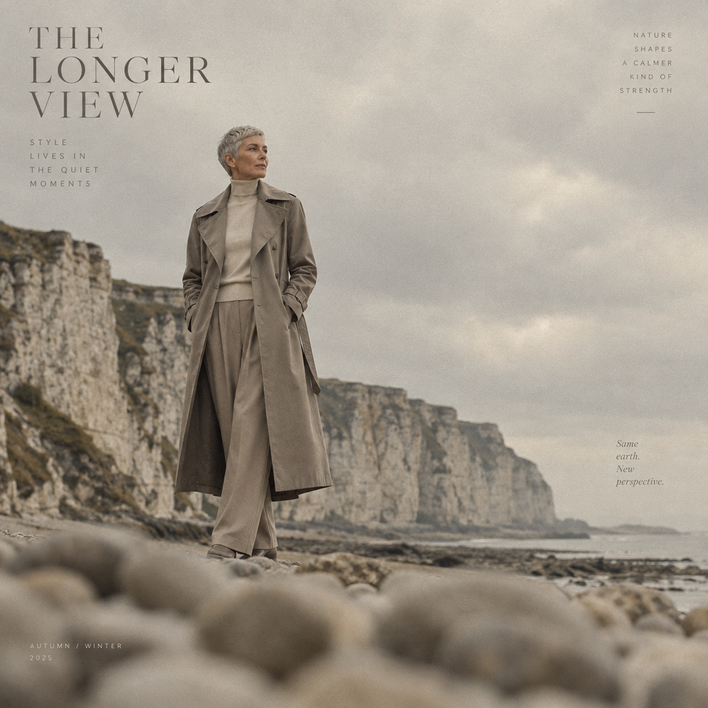 Woman in a long beige trench coat standing on a rocky coastline with cliffs under an overcast sky.