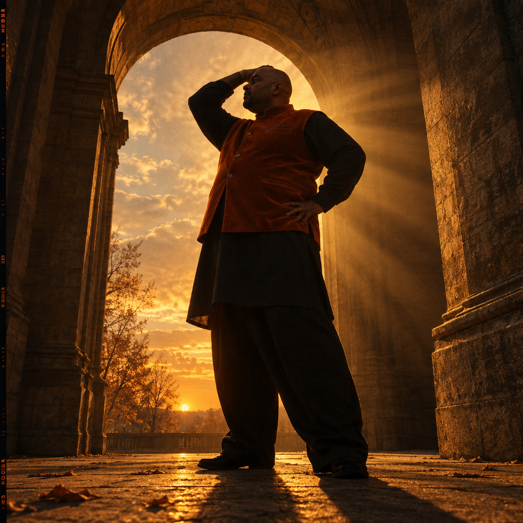 Silhouette of a man in a vest standing under a large stone arch at sunset.