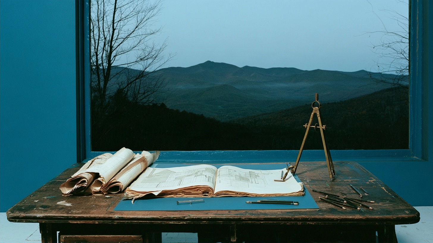 Architectural drawings and drafting tools on a rustic wooden table with a view of misty mountains.