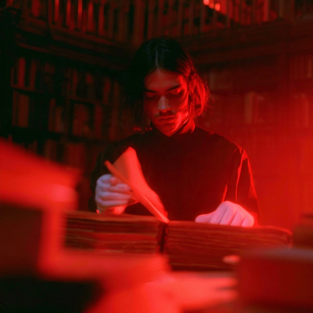 A person reading a book in a dark library illuminated by a strong red glow.