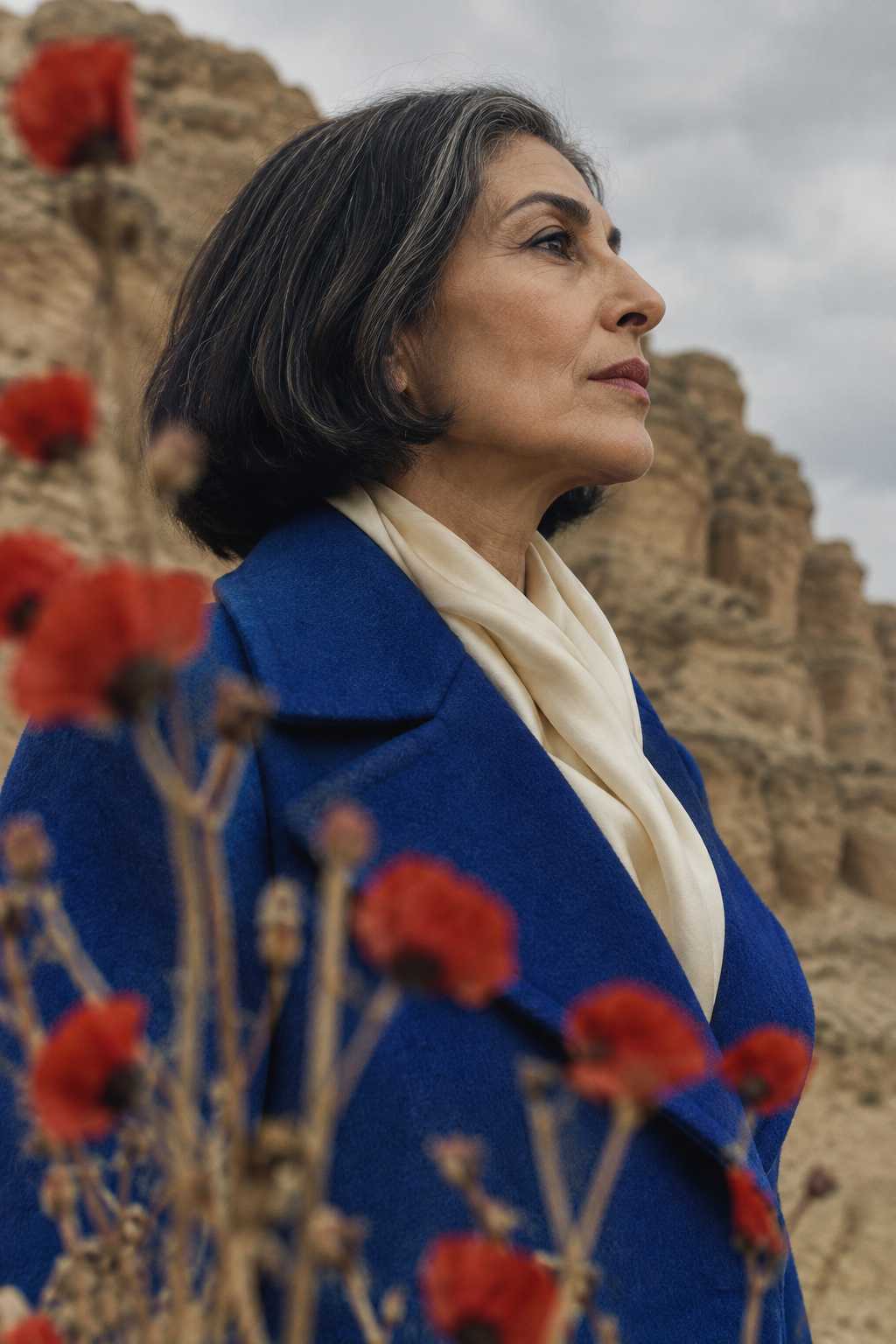 Side profile of a woman in a blue coat and white scarf standing near red poppies in a rocky landscape.