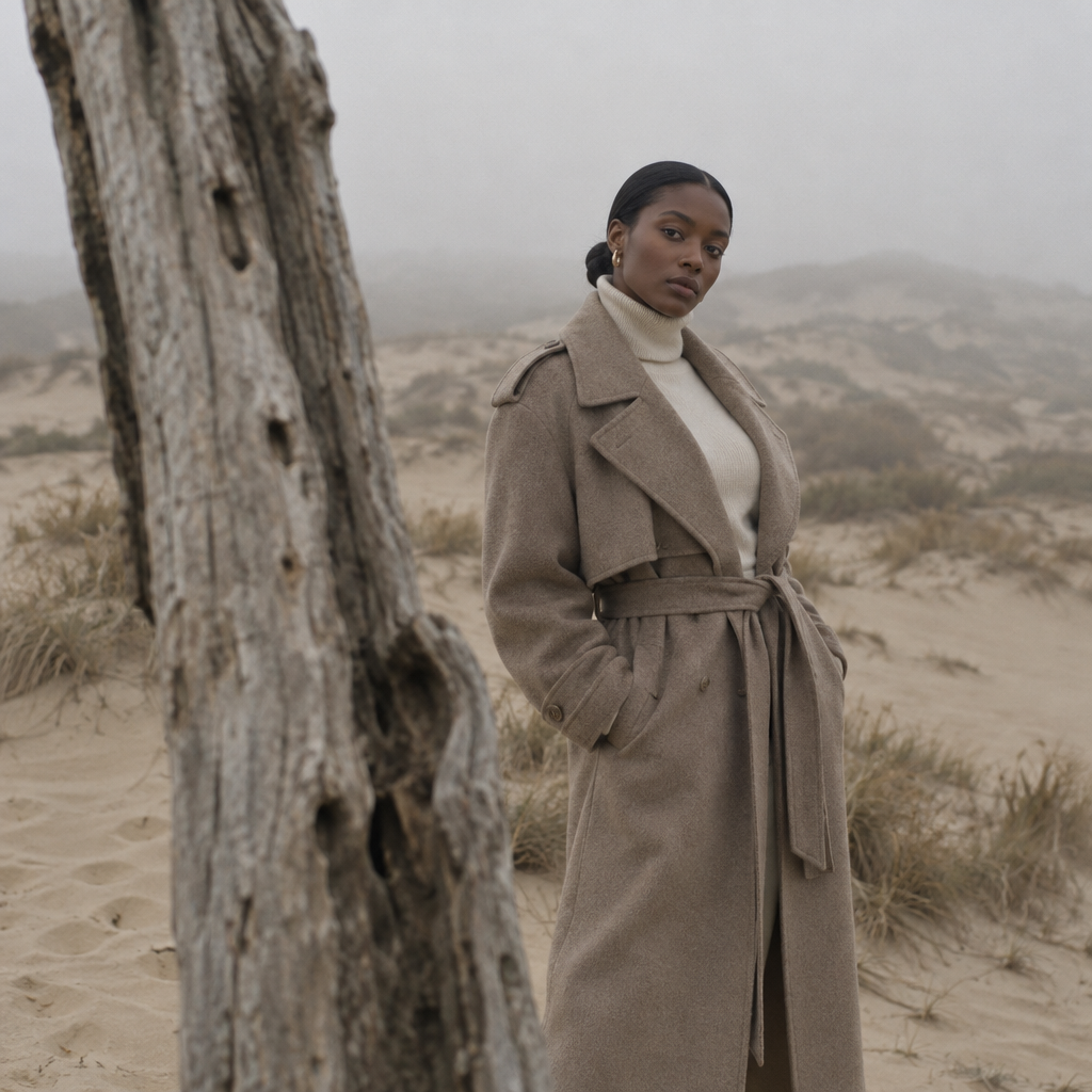 A woman wearing a beige trench coat and white turtleneck posing in a foggy sand dune environment.